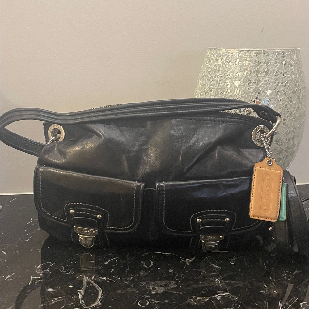 COACH 18996 Poppy Black Double Pocket Shoulder Bag  In Black Leather